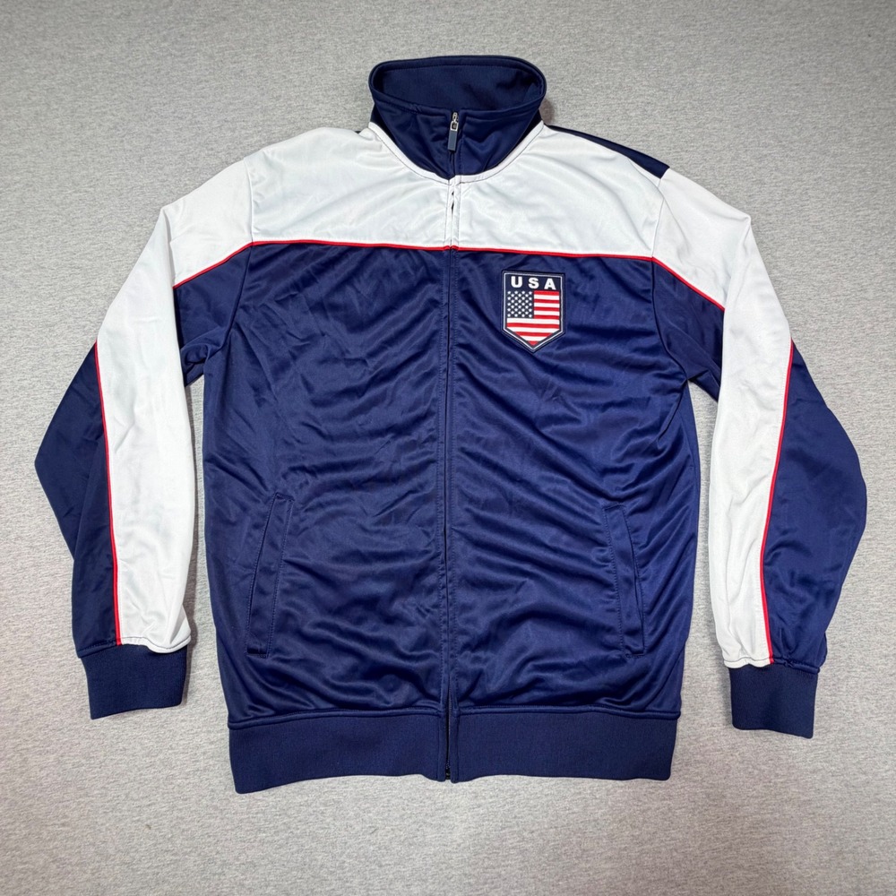 Rhinox USA Soccer Track Jacket Mens Medium Navy Blue White Red Full Zip Coat